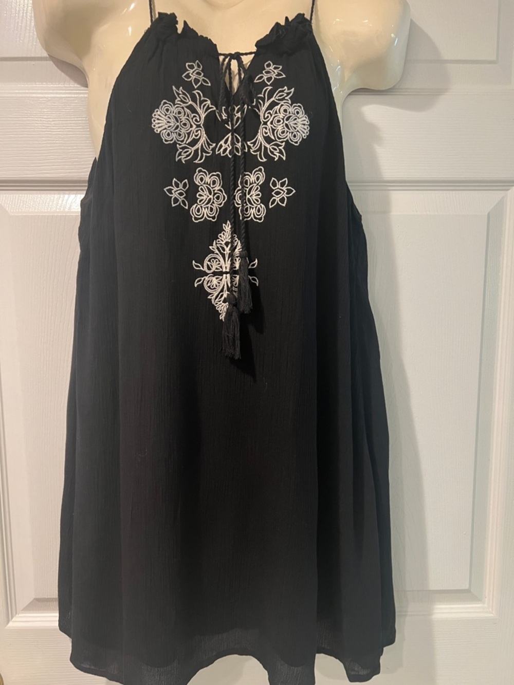 Black Love Tree Embroidered Sundress with Tassel tie top size L